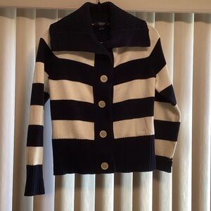 Chaps Navy and White Striped Button-Up Cardigan